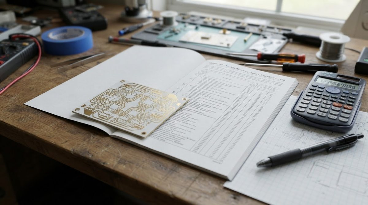 Ceramic PCB substrate beside a tariff schedule document on a desk