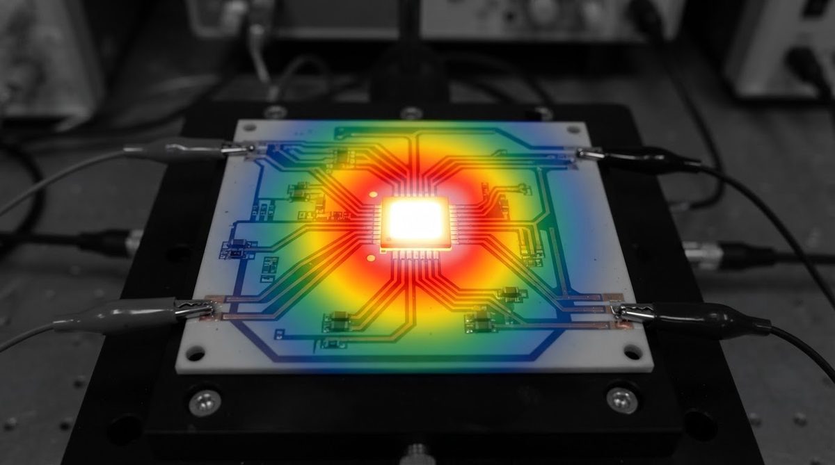 Infrared thermal image showing heat spread across a ceramic PCB