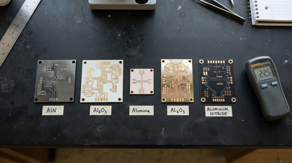 Five ceramic substrate samples arranged for thermal conductivity comparison