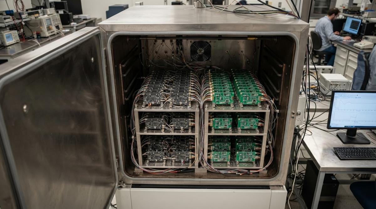 Thermal cycling test chamber loaded with ceramic and FR-4 PCB test specimens