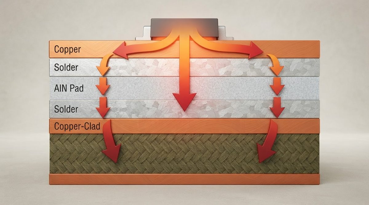 Cross-section of an AlN thermal jumper showing solder layers and heat flow path