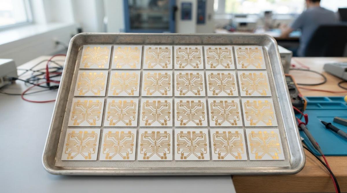 Ceramic PCB daisy-chain test coupons on a tray prepared for thermal cycling qualification