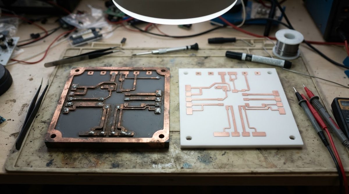DBC and AMB ceramic panels compared side by side on a workbench