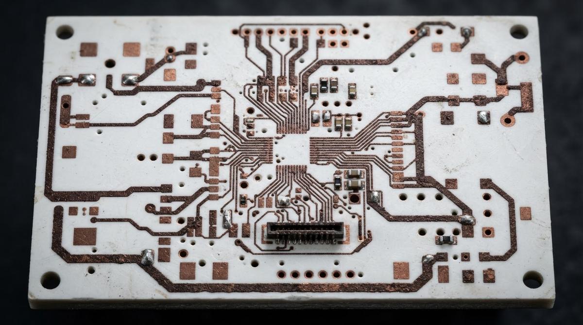 Fired thick film copper traces and pads on a 96% alumina ceramic PCB