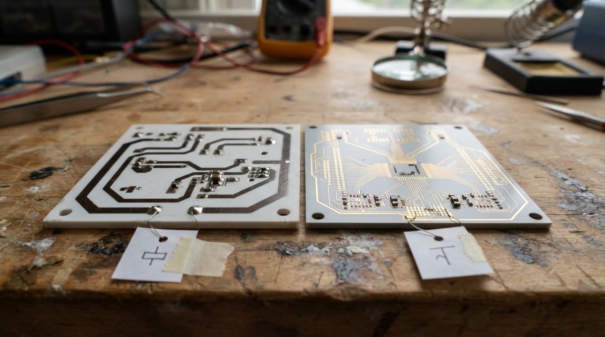 Thick film and thin film ceramic PCBs side by side showing trace width differences
