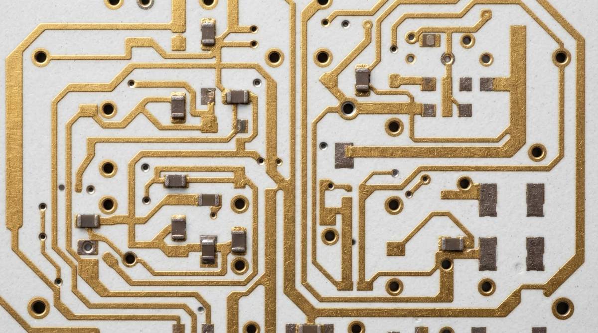 Fired thick-film ceramic circuit with gold traces and via holes on alumina