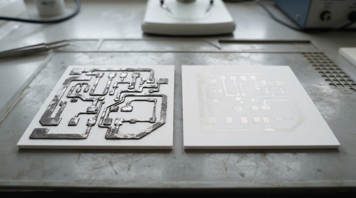 Thick film and thin film ceramic substrates side by side for visual comparison