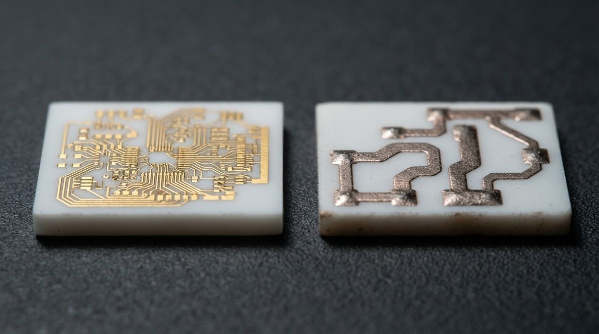Side-by-side comparison of thin film and thick film traces on ceramic substrates