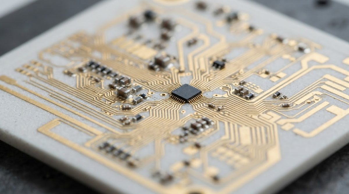 Fine gold traces on a polished alumina thin film ceramic PCB