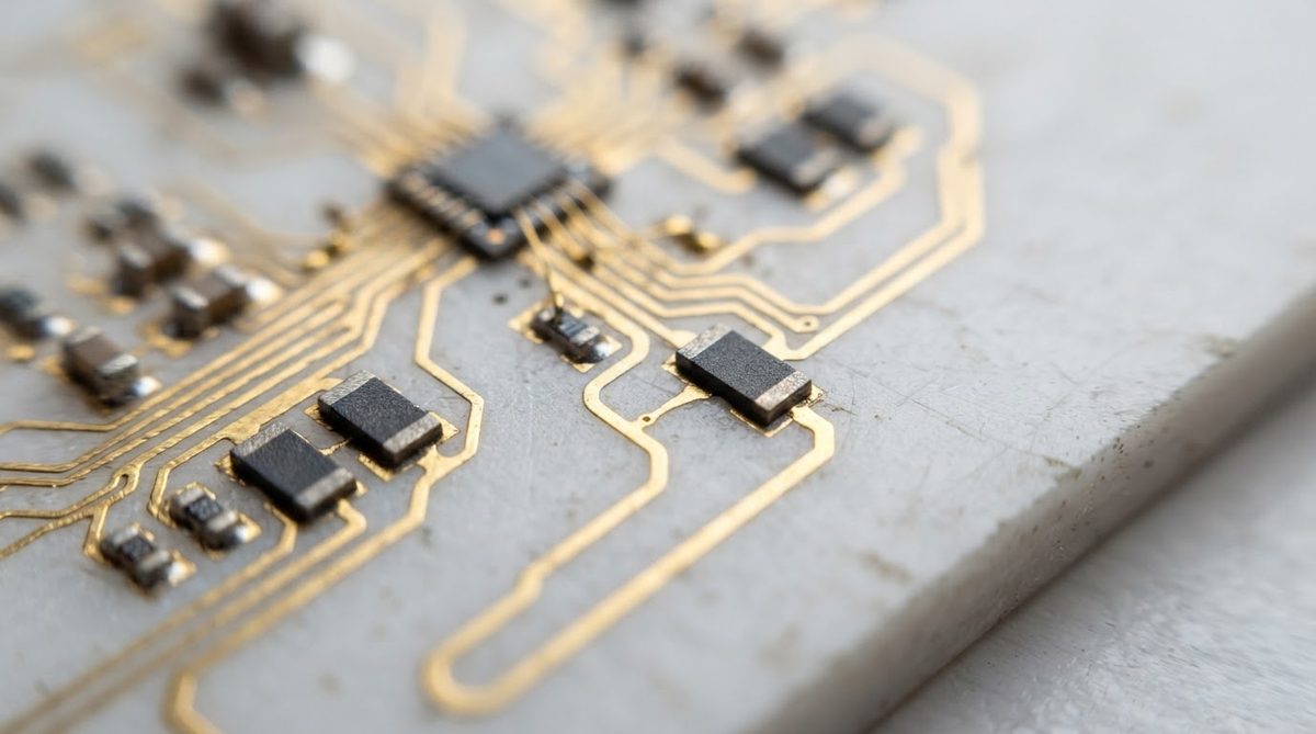 Thin film gold traces and NiCr resistors on an alumina ceramic PCB