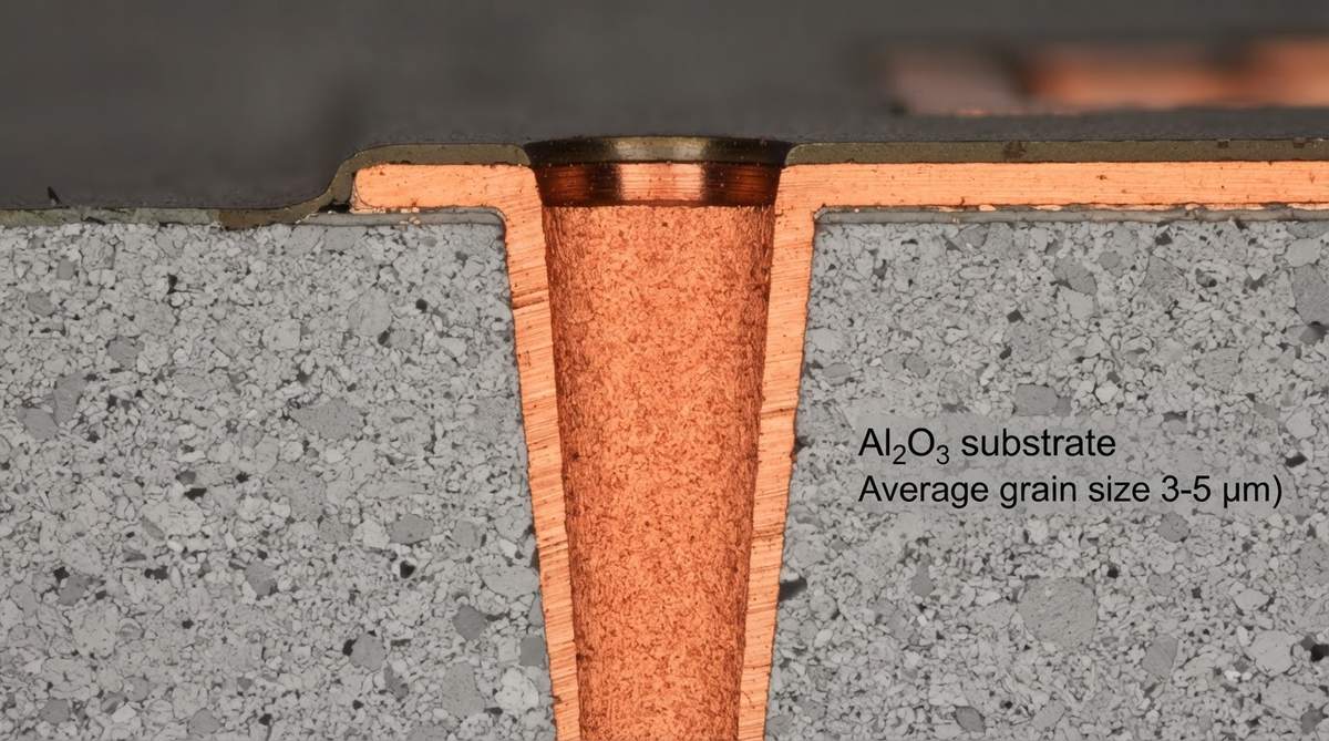 Cross-section of a filled via in a thin film ceramic substrate