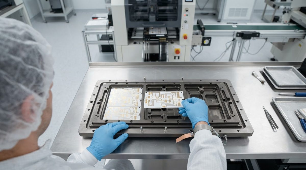 Technician placing a thin ceramic substrate onto a vacuum carrier tray for assembly