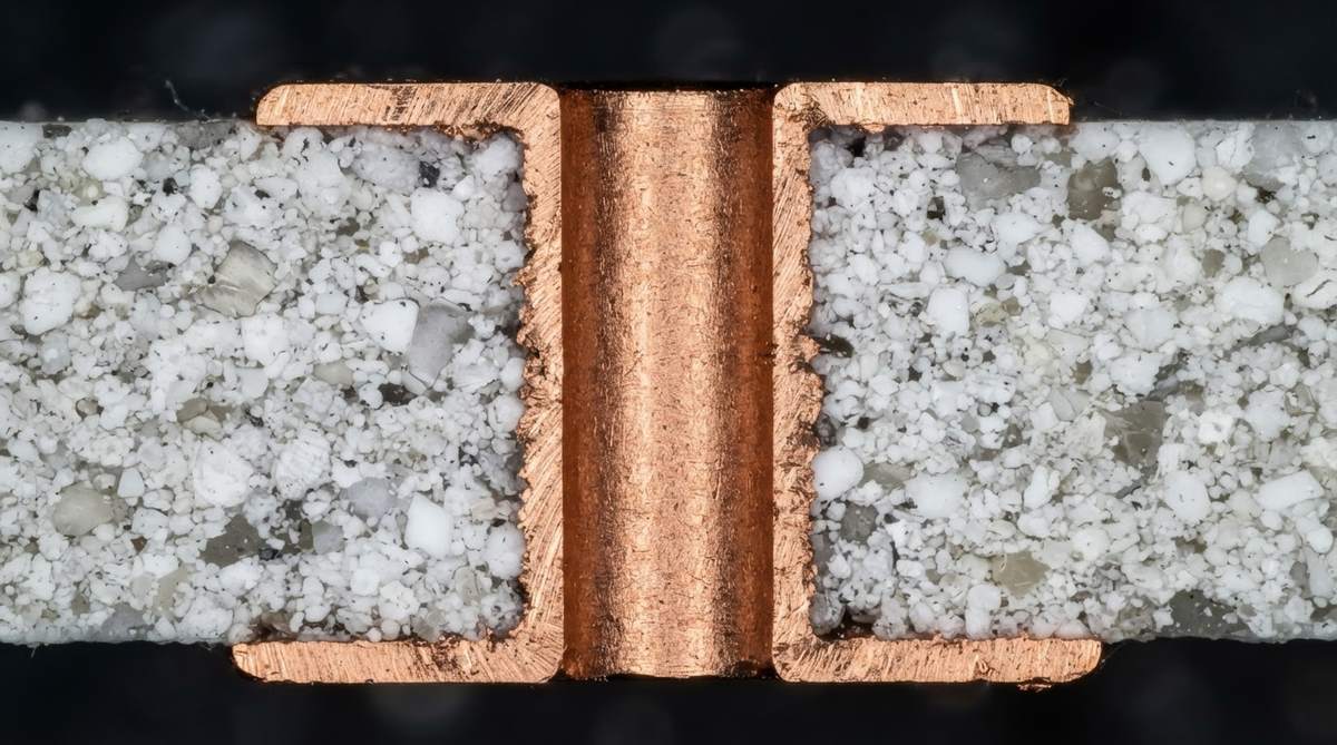Microscope cross-section of a copper-filled via through a thin alumina ceramic substrate