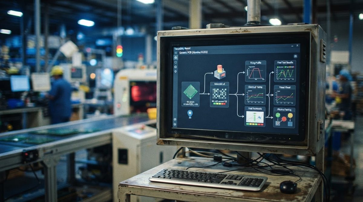 MES workstation showing ceramic PCB lot traceability records
