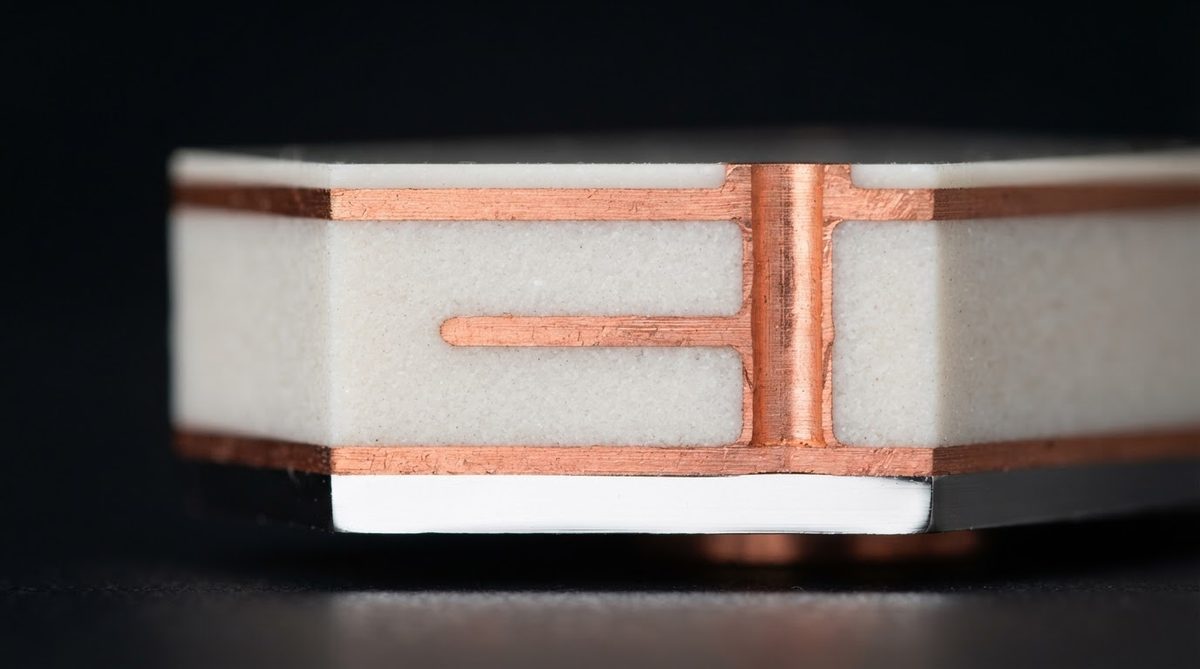Cross-section of a ceramic UV LED substrate showing metallization and mirror layers