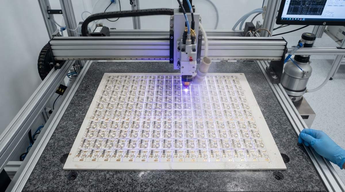 Ceramic panel being scribed into individual UV LED PCB units in a factory