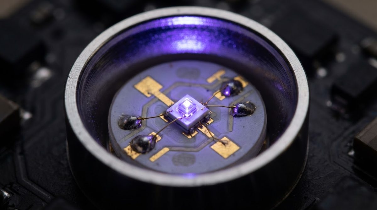 UV-C LED soldered onto a circular AlN starboard inside a reflector housing