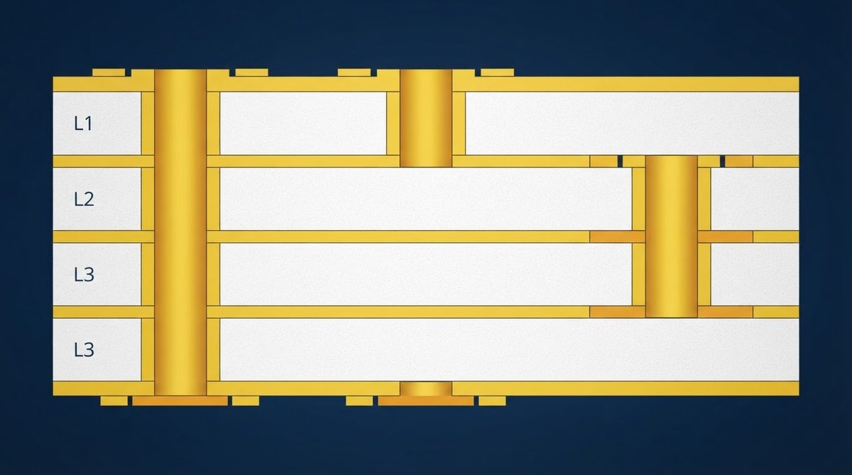 Diagram comparing through-hole, blind, and buried via types in a four-layer PCB