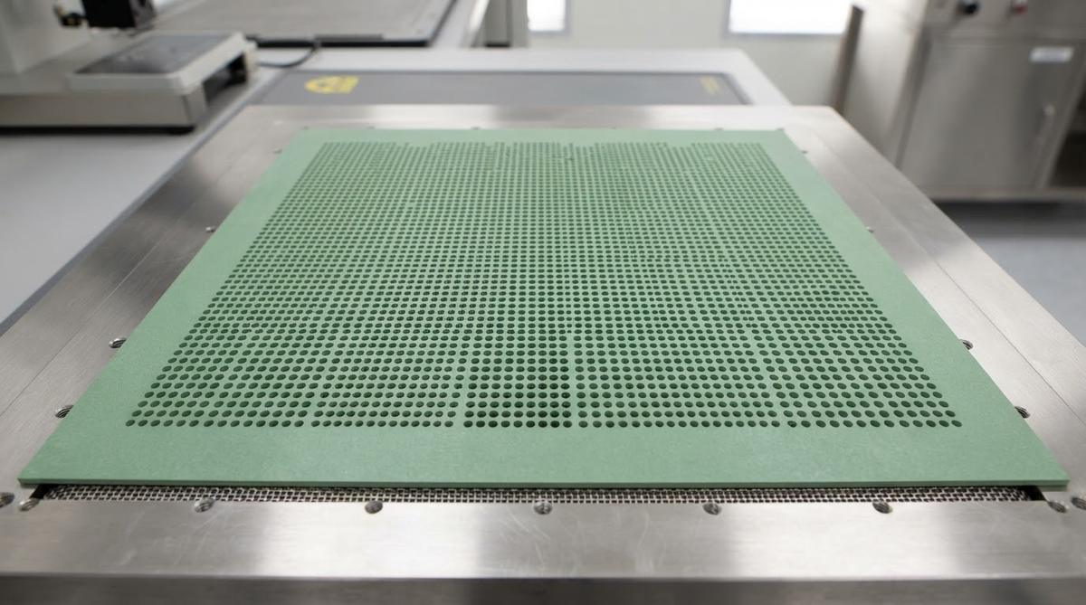 Green ceramic tape with punched via holes ready for paste filling