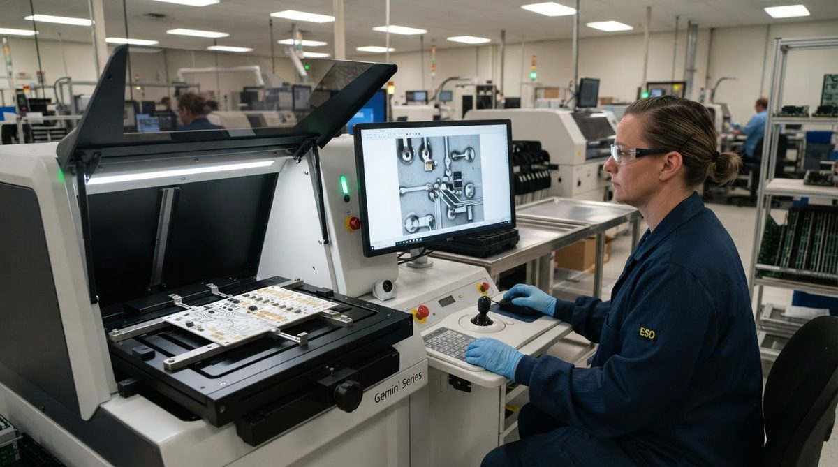 Technician inspecting ceramic via fill quality using an X-ray machine