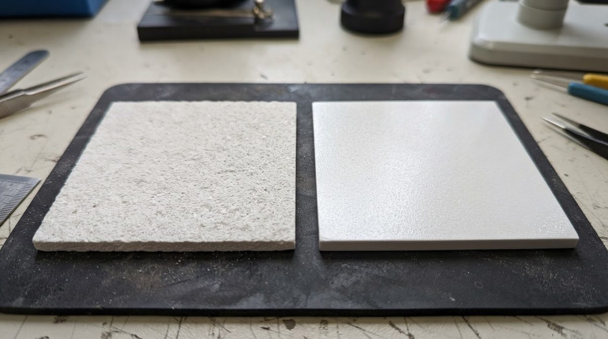 Side-by-side comparison of 96% and 99.6% alumina substrates showing grain texture differences