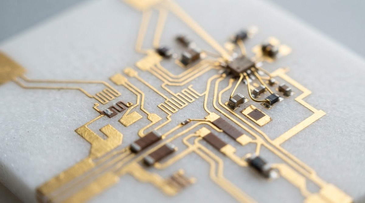 Thin-film hybrid circuit with gold traces on a 99.6% alumina ceramic substrate