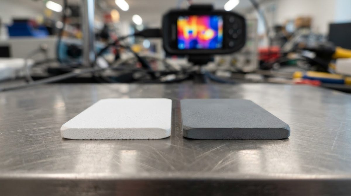 Alumina and AlN ceramic substrates compared side by side on a steel surface