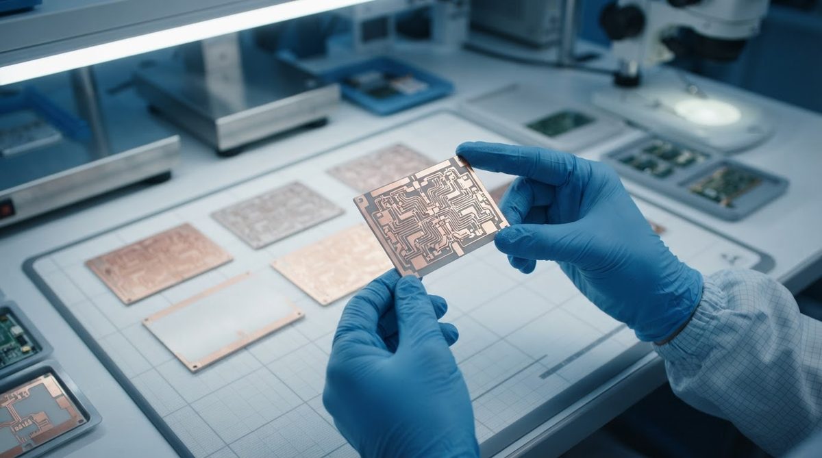 Etched AMB substrates with copper traces on a cleanroom bench