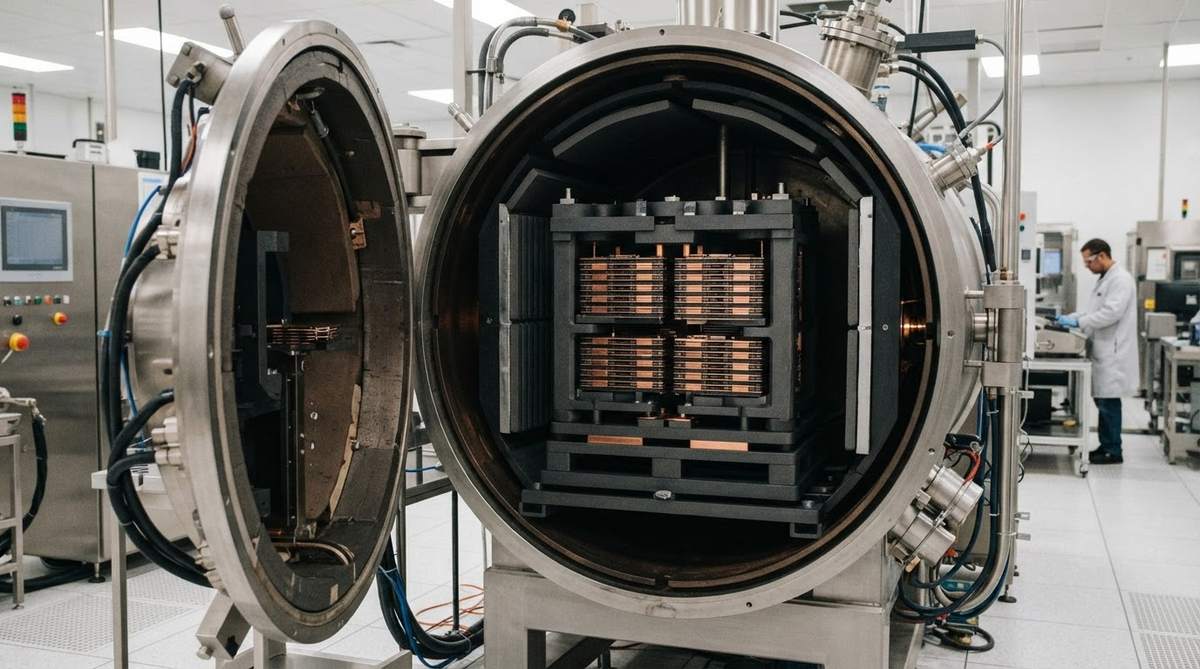 Inside a vacuum brazing furnace loaded with ceramic-copper assemblies for AMB processing