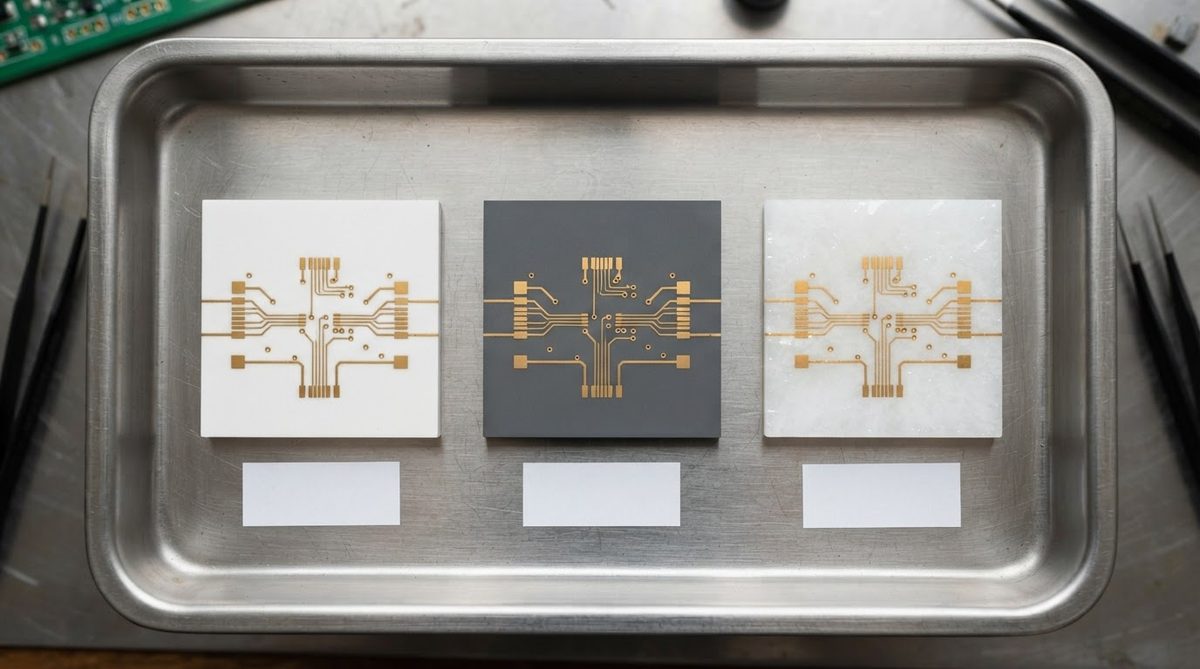 Three ceramic substrates compared: alumina, aluminium nitride, and beryllia samples on a metal tray