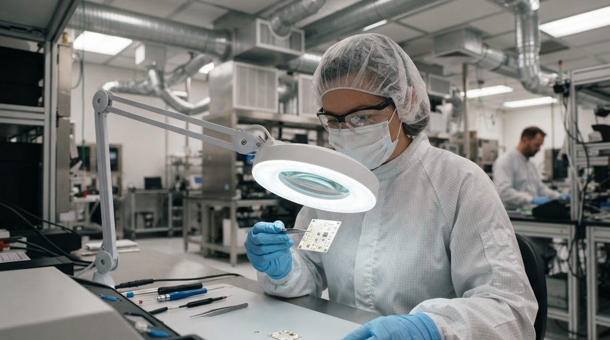 Engineer with respirator handling a beryllium oxide board under controlled ventilation