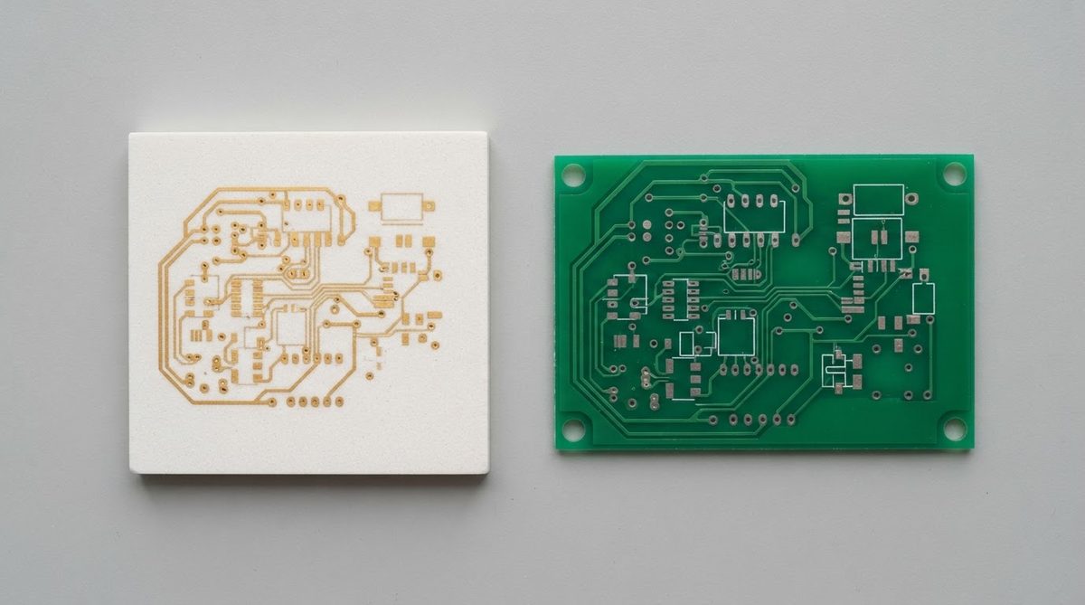 Alumina ceramic substrate beside a standard FR-4 board for comparison