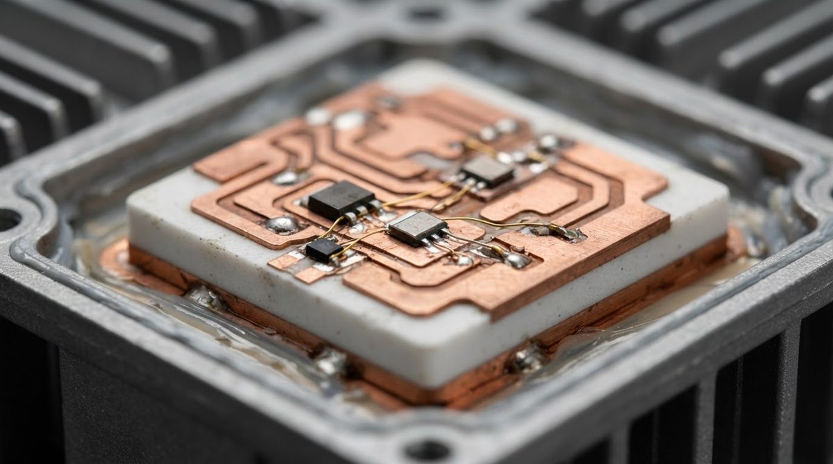 Inside a power module showing a DBC ceramic substrate with copper bonding
