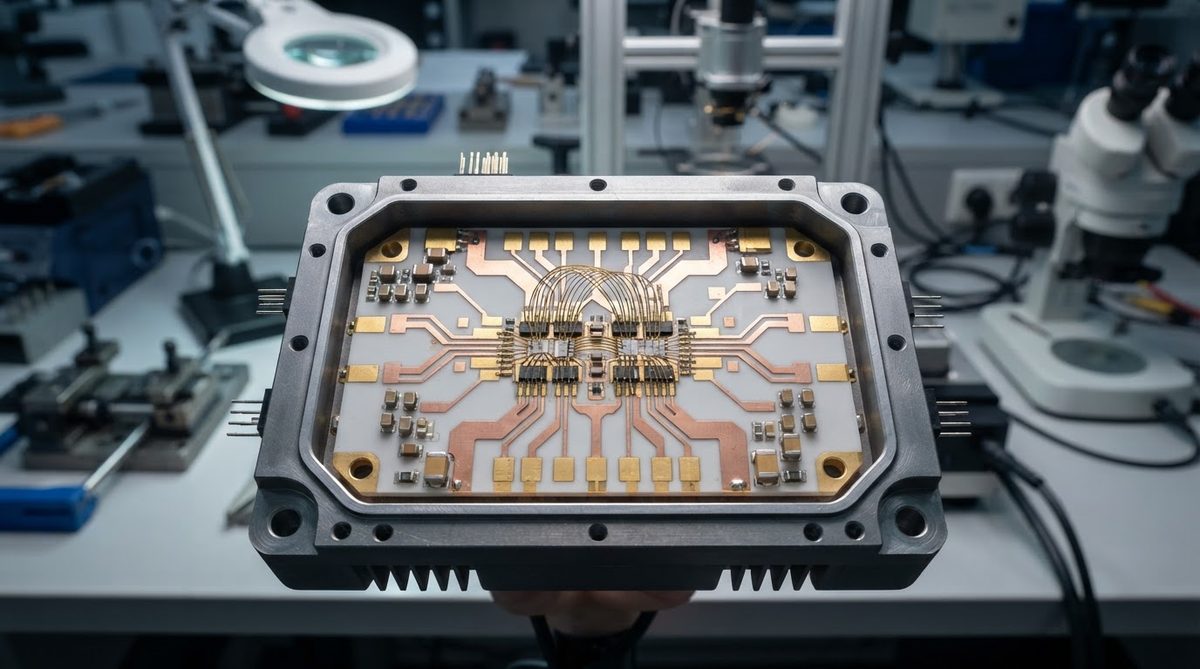 Assembled ceramic PCB with wire-bonded die inside a power module package
