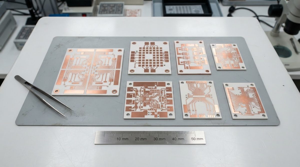 Patterned DBC substrates arranged on a cleanroom bench
