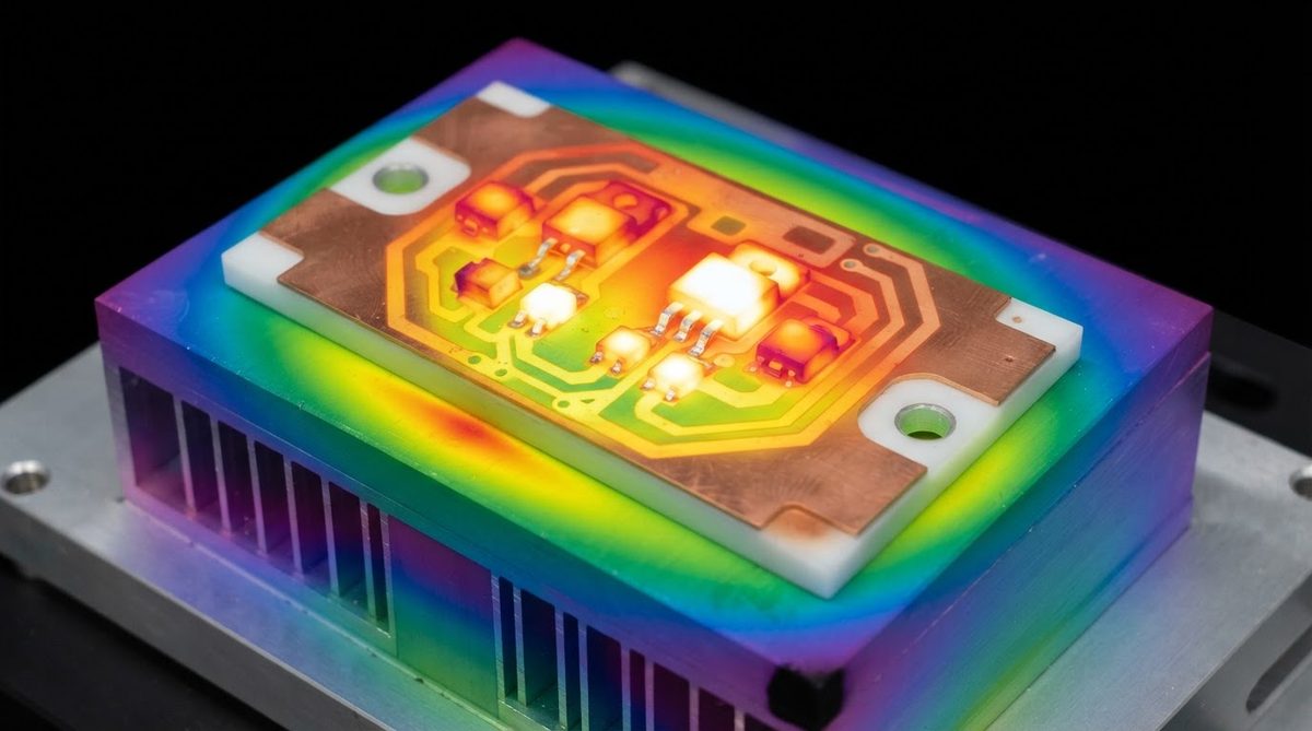 Thermal image showing heat spread across a power module on a DBC substrate