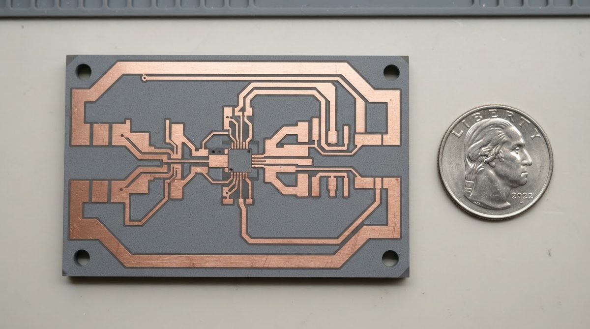 Copper-metallized Si3N4 AMB substrate for a power module, shown next to a coin for scale