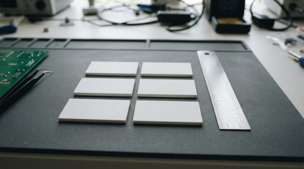 ZTA ceramic substrates with ruler for size reference on an anti-static work surface