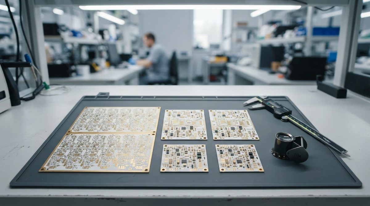 Ceramic PCB panels of various sizes on an inspection table with measurement tools