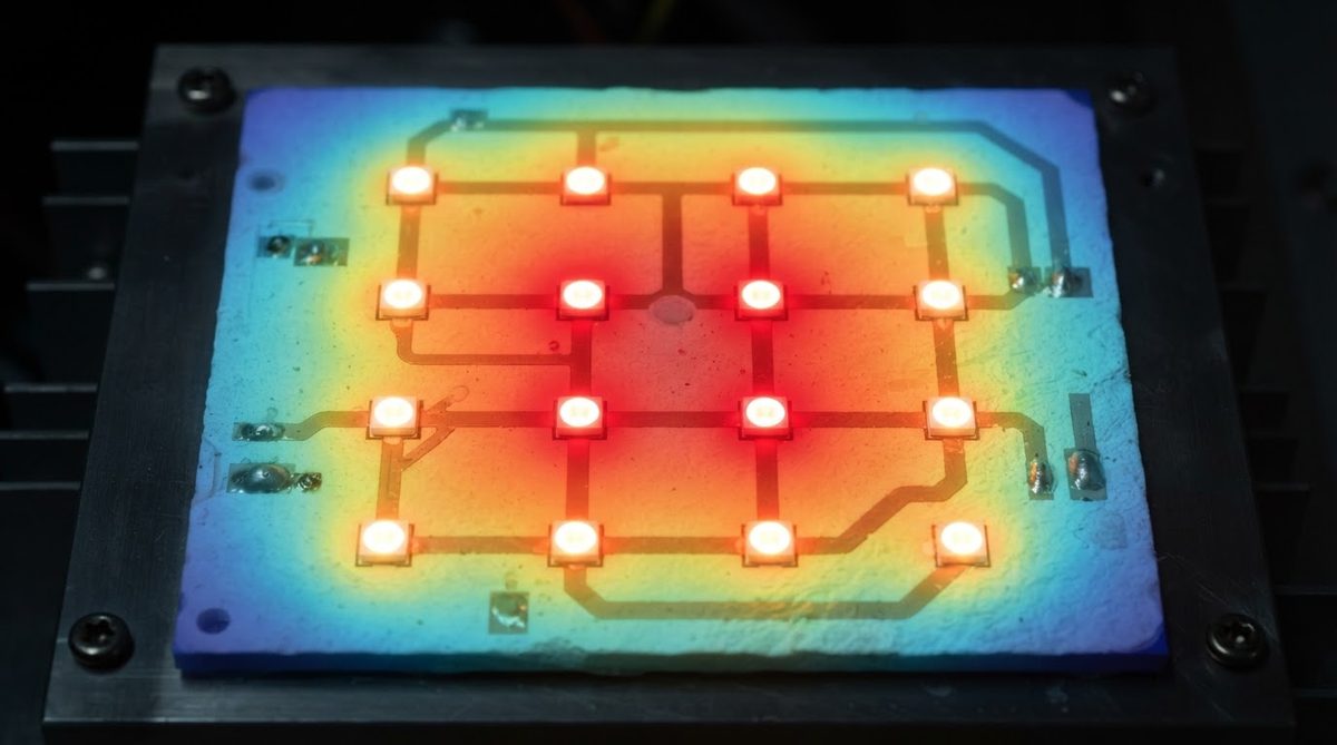 Thermal image of a ceramic PCB spreading heat from power LEDs