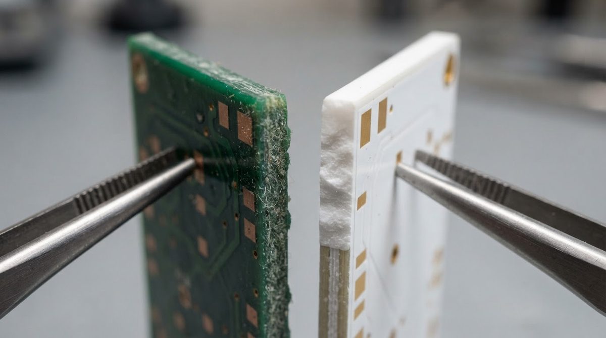 Close-up comparison of FR-4 and ceramic PCB board edges