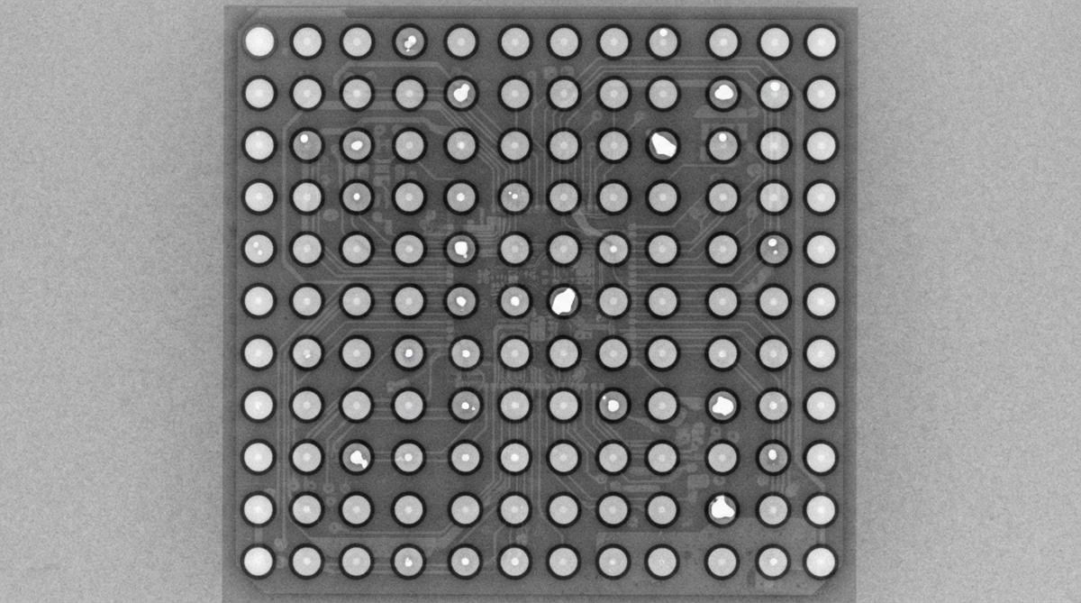 2D x-ray image showing voids inside BGA solder balls on a ceramic board