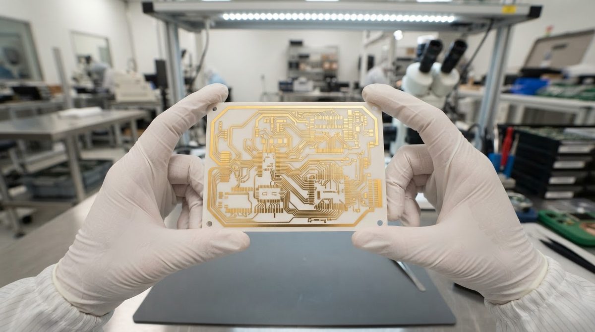 Metallized ZTA ceramic PCB with gold thick-film traces held in a cleanroom